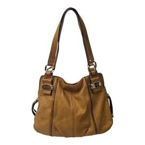 B. Makowsky Soft Pebbled Leather Hobo Shoulder Tote Bag Tan Brown Gold Hardware